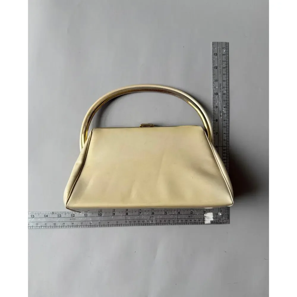 50s Structured Box Bag Cream Vinyl Gorgeous Hardware Handle Mid-Century Mad Men
